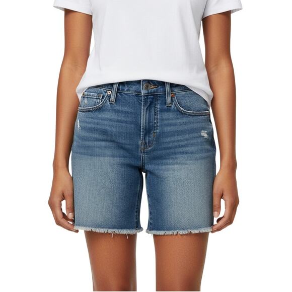 J. Crew Women’s Long Denim Shorts Raw Hem Mid Rise Blue 5 Pocket NWT Size 25 - Picture 1 of 8